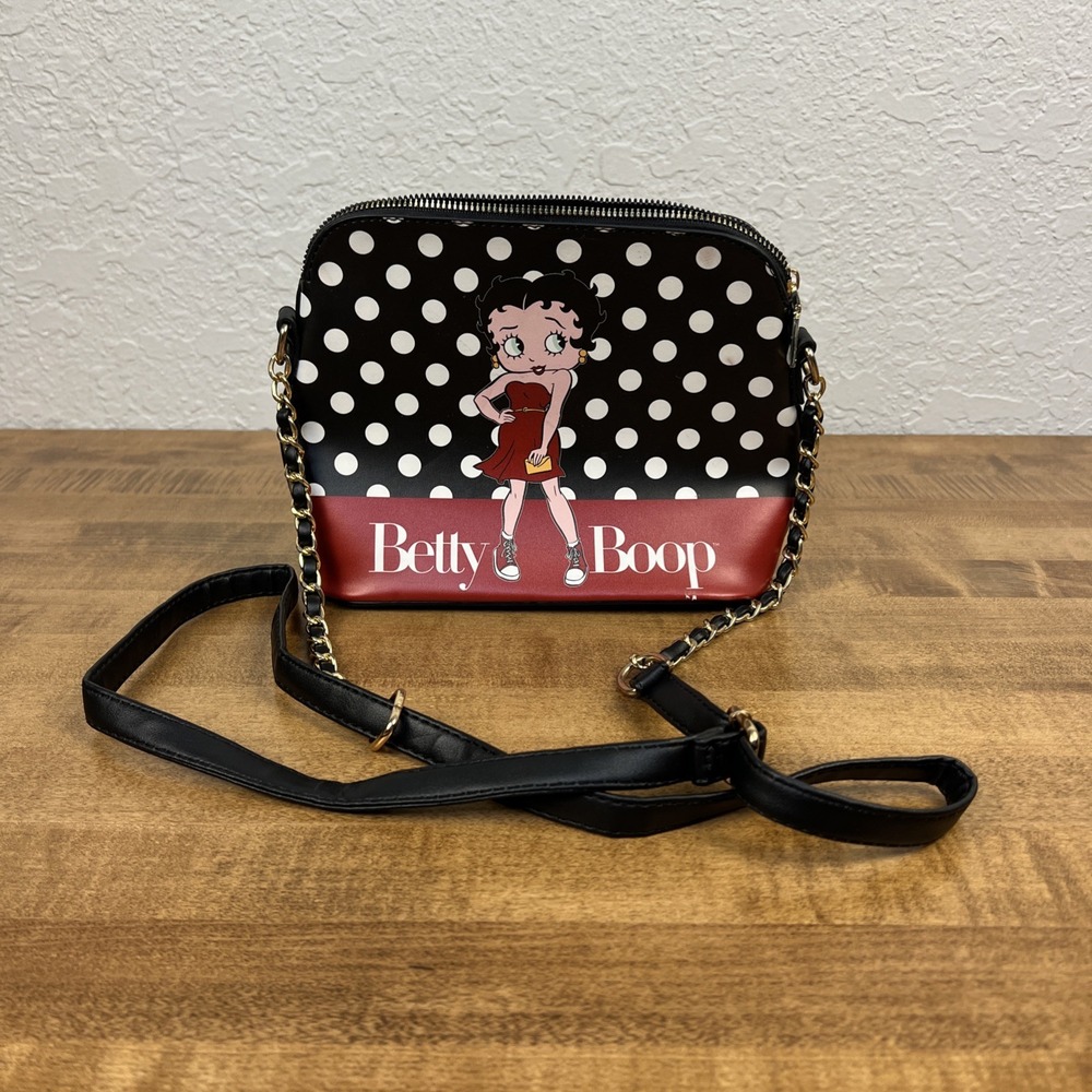 Betty Boop Faux Leather Shoulder Bag Purse Black Red Polka Dots